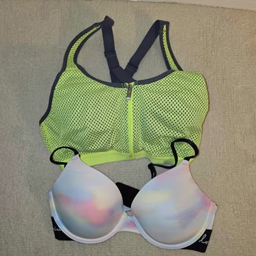 VS PINK wear everywhere t-shirt and VSX Sport Neon Green and gray Bras 3…